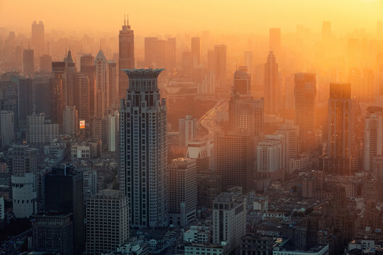 The skyline of urban architectural landscape in the Bund at sunset, Shanghai, China