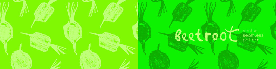 Vector beetroot pattern seamless. Sugar beet background for label, banner, packaging design. Fabric vegan ornament. Vegetarian background. Pencil Illustration. Vegan wallpaper. Purple root vegetable.