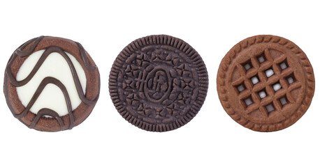 Collection of different cookies on an isolated white background. chocolate chip cookies