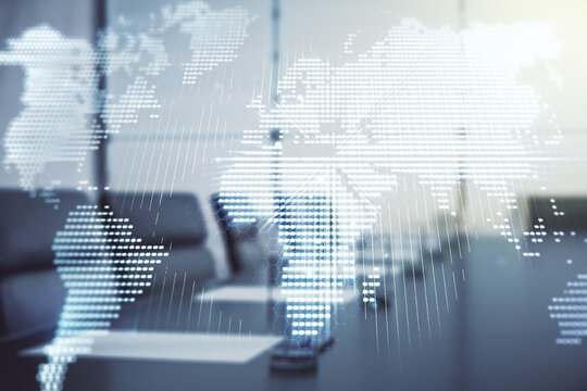 Multi exposure of abstract graphic world map hologram on a modern furnished office interior background, connection and communication concept
