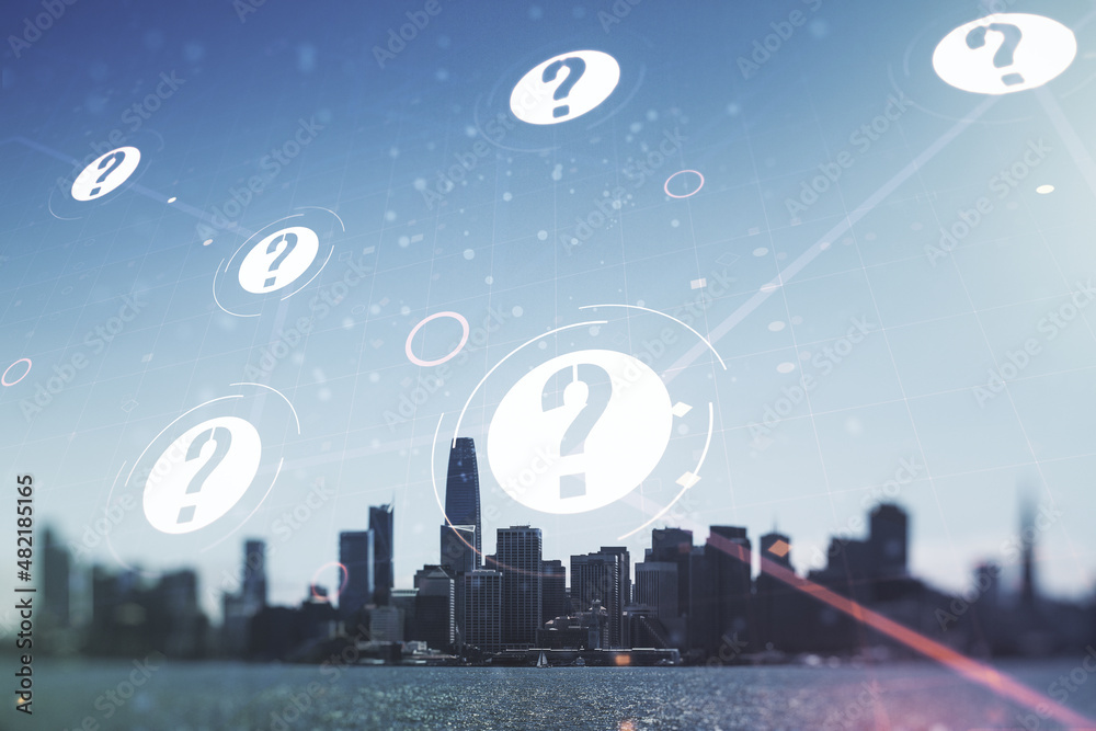Aufkleber abstract virtual question mark illustration on san francisco skyline background. faq and search conc