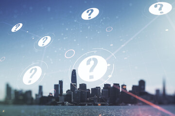 Abstract virtual question mark illustration on San Francisco skyline background. FAQ and search concept. Multiexposure
