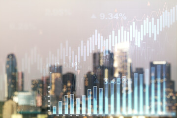 Abstract virtual financial graph hologram on blurry skyline background, forex and investment concept. Multiexposure