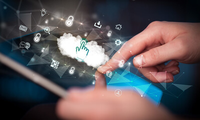 Close-up of a touchscreen with technology icons