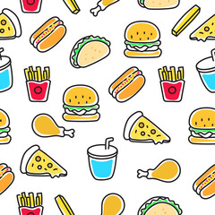 Fast food doodle pattern with a colorful design suitable for fabric or wallpaper