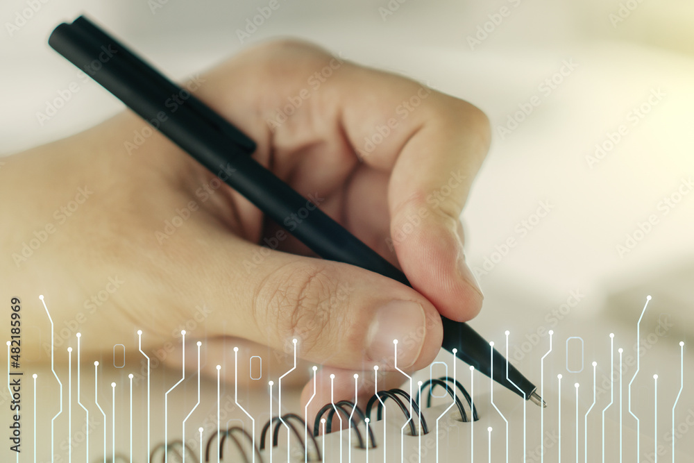 Poster creative abstract micro circuit sketch and man hand writing in notepad on background, future technol