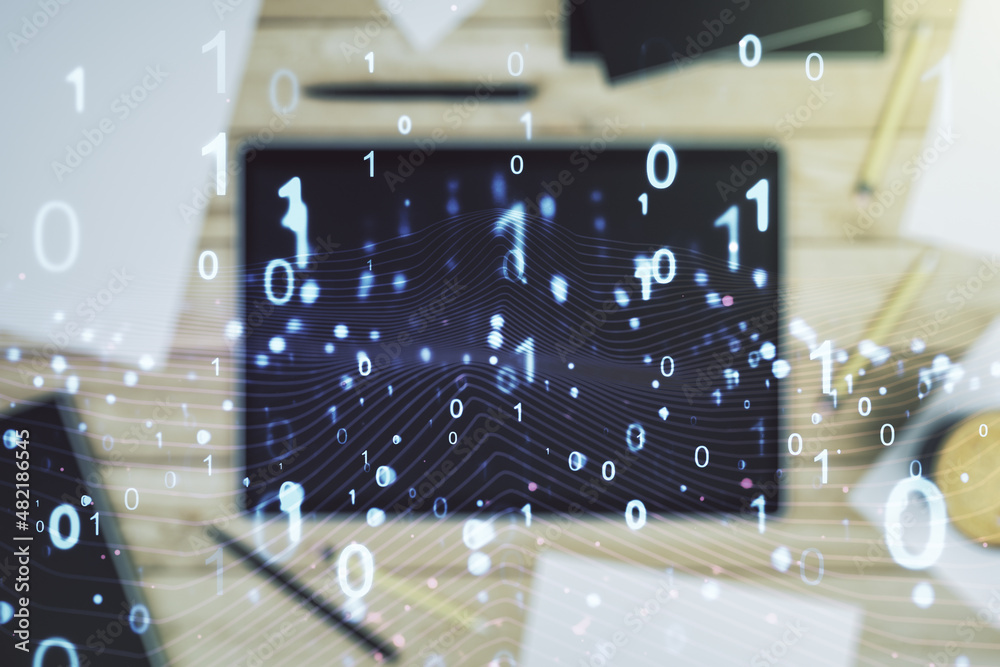 Poster creative concept of binary code illustration and modern digital tablet on background, top view. big 