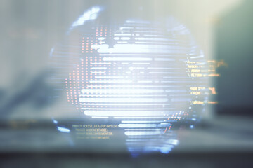 Double exposure of abstract programming language hologram and world map on modern business center exterior background, research and development concept