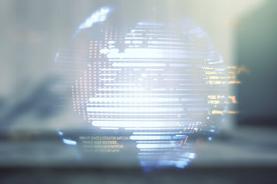 Double exposure of abstract programming language hologram and world map on modern business center exterior background, research and development concept - Powered by Adobe