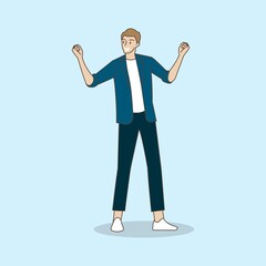 Business man showing positive emotions with gesture clenched fist. Hand draw style. Vector illustration.