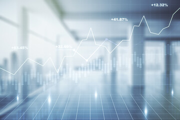 Double exposure of virtual creative financial diagram on empty room interior background, banking and accounting concept