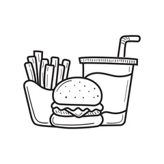 Burger with fries sketch illustration with cute design isolated on white background