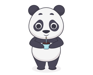 Happy panda blows out the candles on the cupcake. Vector illustration in cartoon style of cute animals. Isolated on white background.
