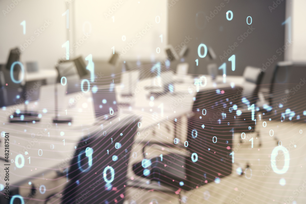 Poster abstract virtual binary code hologram on a modern furnished classroom background, ai and machine lea