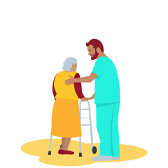 Male nurse or volunteer worker taking care of an elderly woman who standing by walking aids.Home care services for seniors.Vector flat characters design concept for Healthcare and social supports.