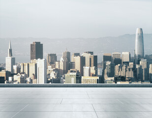 Empty concrete rooftop on the background of a beautiful San Francisco city skyline at daytime, mock up