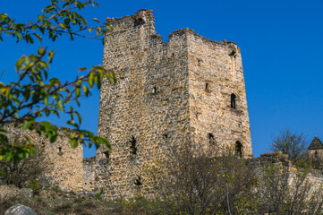 An abandoned medieval town. A complex of towers in the mountains of Ingushetia. Military and...