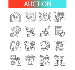types of auction, set of icons. Line icons for web design