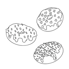 A set of doughnuts in doodle style. A hand-drawn donut, outline. Vector illustration isolated on a white background. A sketch of delicious sweets.