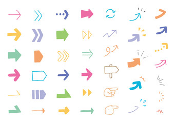 短い矢印アイコンセット 手描き（カラー）