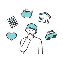 若い男性が将来のことを考えて悩むイラスト素材