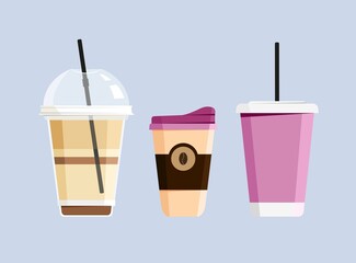 Hot coffee, Soft drink and ice frappe to go cup set. Vector illustration in flat style.