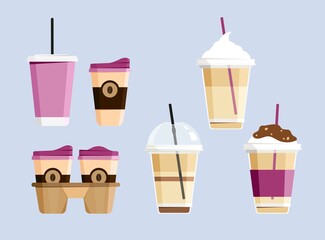 Collections of cups for coffee, soft drink, ice and hot drinks, holder with take away cups. Vector illustration in flat style.