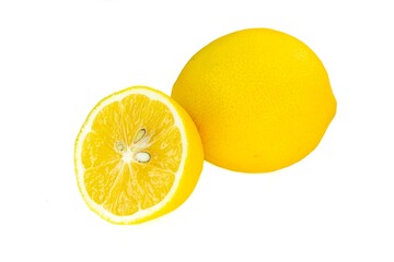 Half and whole lemon isolated on white background.