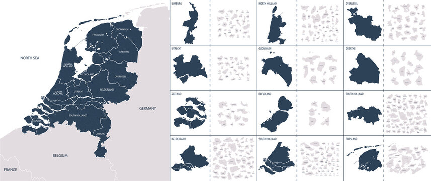 Vector color detailed map of Netherlands with the administrative divisions of the country, each Provinces is presented separately and divided into Municipalities