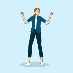 Business woman showing positive emotions with gesture clenched fist. Hand draw style. Vector illustration.