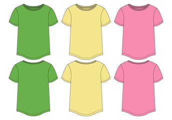 Multicolor Set of Collection Pink, Green, yellow Women's Top. T shirt apparel technical fashion flats sketch vector template. Clothing design mock up illustration Ladies Unisex Tops CAD.