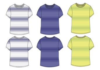 Regular fit Short sleeve T-shirt With All over Stripe body technical  fashion Flat  Sketch Template white, yellow, navy blue colors. Vector illustration basic apparel design Mock up CAD.