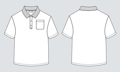 Short sleeve Polo shirt with pocket technical fashion flat sketch vector illustration template front and back views.
