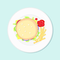 Burger with french fries meal. Sandwich with lettuce, tomato, cucumber, greens on plate. Vector illustration. Simple flat cheeseburger stock nutrition image.