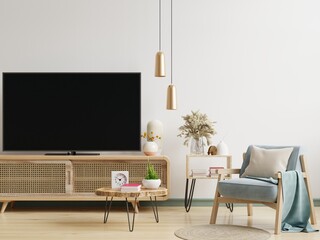 TV cabinet and display with white wall.