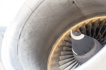 Close up photo of a big airplane jet engine