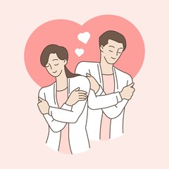 Fototapeta premium Couple hugging themself with hearts on pink background. Self love and self care. Love yourself. Love your body concept. Hand draw style. Vector illustration.