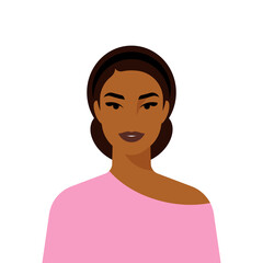 Female portrait of asian in minimal style. Pretty smiling woman, dressed casually, black hair, tan skin. Joyful face by simple clear shapes. Modern flat style illustration for poster, cover, banner.