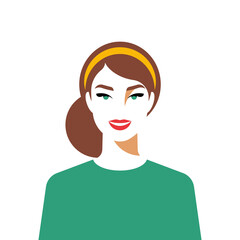 Female portrait of woman in minimal style. Pretty smiling girl, dressed casually, brown hair, white skin. Joyful face by simple clear shapes. Modern flat style illustration for poster, cover, banner.