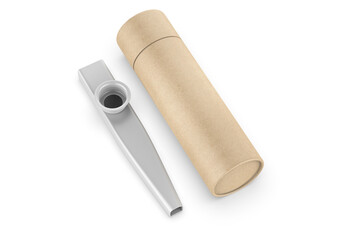 
Blank metal  kazoos musical Instrument with paper tube packaging, 3d render illustration.