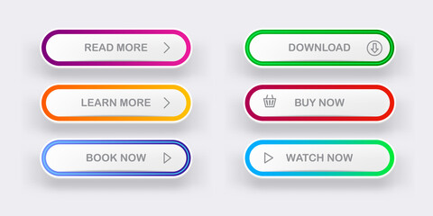 Fototapeta premium Modern material style buttons set isolated on grey background. Read more, buy now, download, book now, watch now buttons collection with gradient colors and icons with shadows.