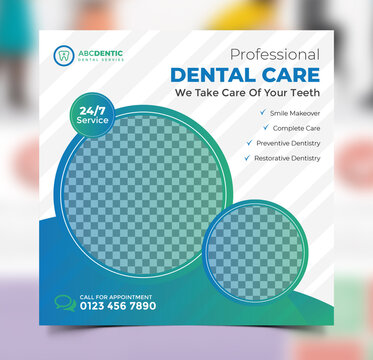 Modern dental care post, medical healthcare service, dentist social media post template design or square flyer design