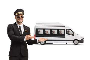 Chauffeur smiling and showing a mini bus shuttel with passengers - obrazy, fototapety, plakaty