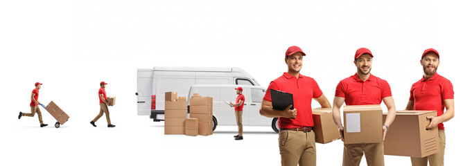 Delivery workers holding cardboard boxes and loading a van