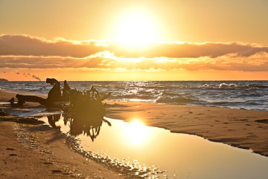 Sunset at the beach of Prerow Weststrand in Darss National Park, Mecklenburg, Germany