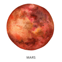 Obraz premium Watercolor abstract dark red Mars planet. Hand painted satellite isolated on white background. Minimalistic space illustration for design, print, fabric or background.
