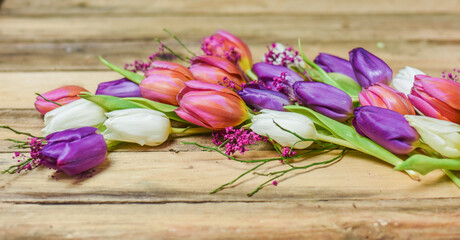 Bunte Tulpen auf Holz Untergrund, Frühling Blumen in rosa, lila, weiß