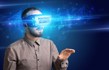 Businessman looking through Virtual Reality glasses, virtual security concept