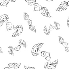 Saint Valentine's day irregular seamless pattern. Winged heart black and white silhouette endless texture. Romantic Valentine day boundless background. Cute doodle surface design for textile or flyer.
