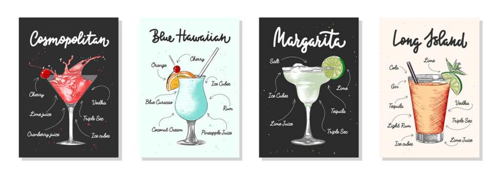 Set of 4 advertising recipe lists with alcoholic drinks, cocktails and beverages lettering posters, wall decoration, prints, menu design. Hand drawn typography with sketches. Handwritten calligraphy.